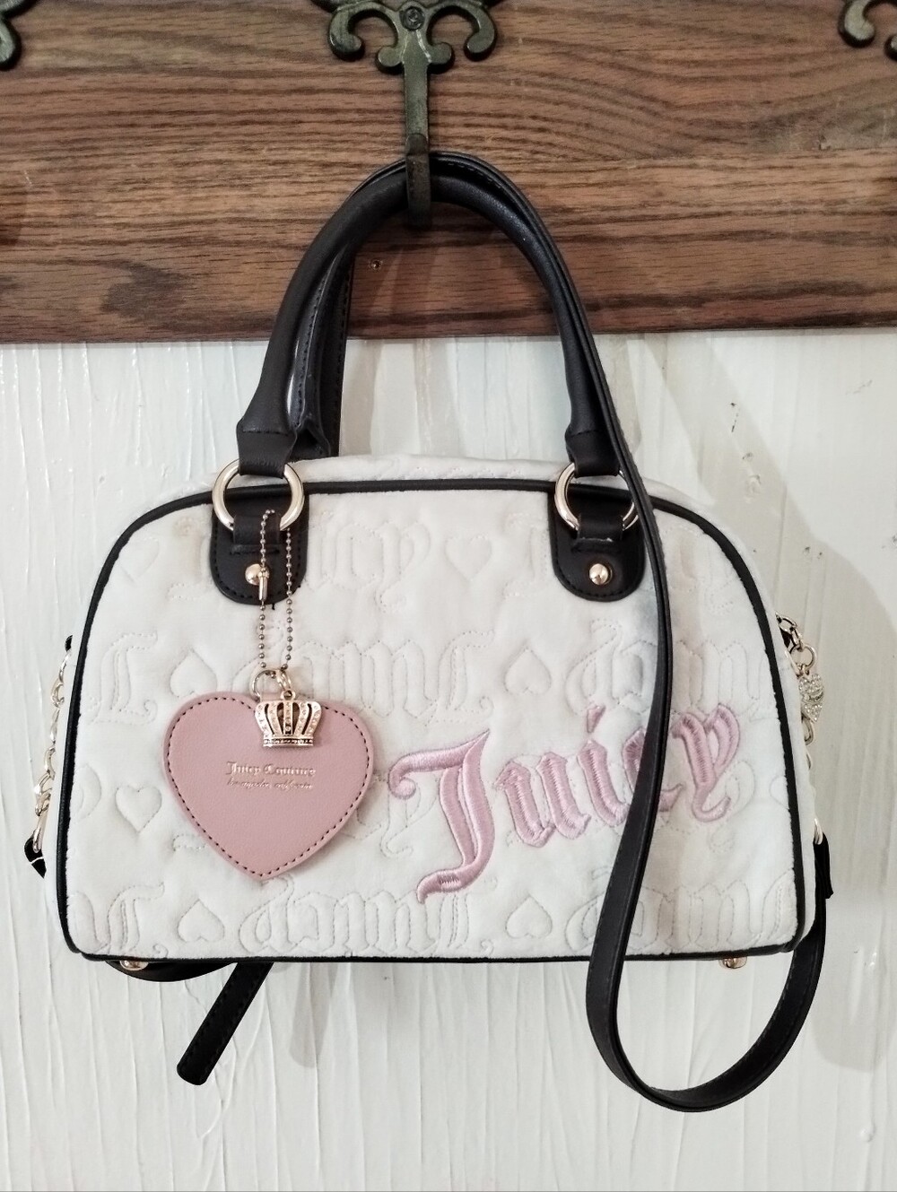 Juicy Couture Velvet Cream Quilted Monogram Satchel Bag. Final Price